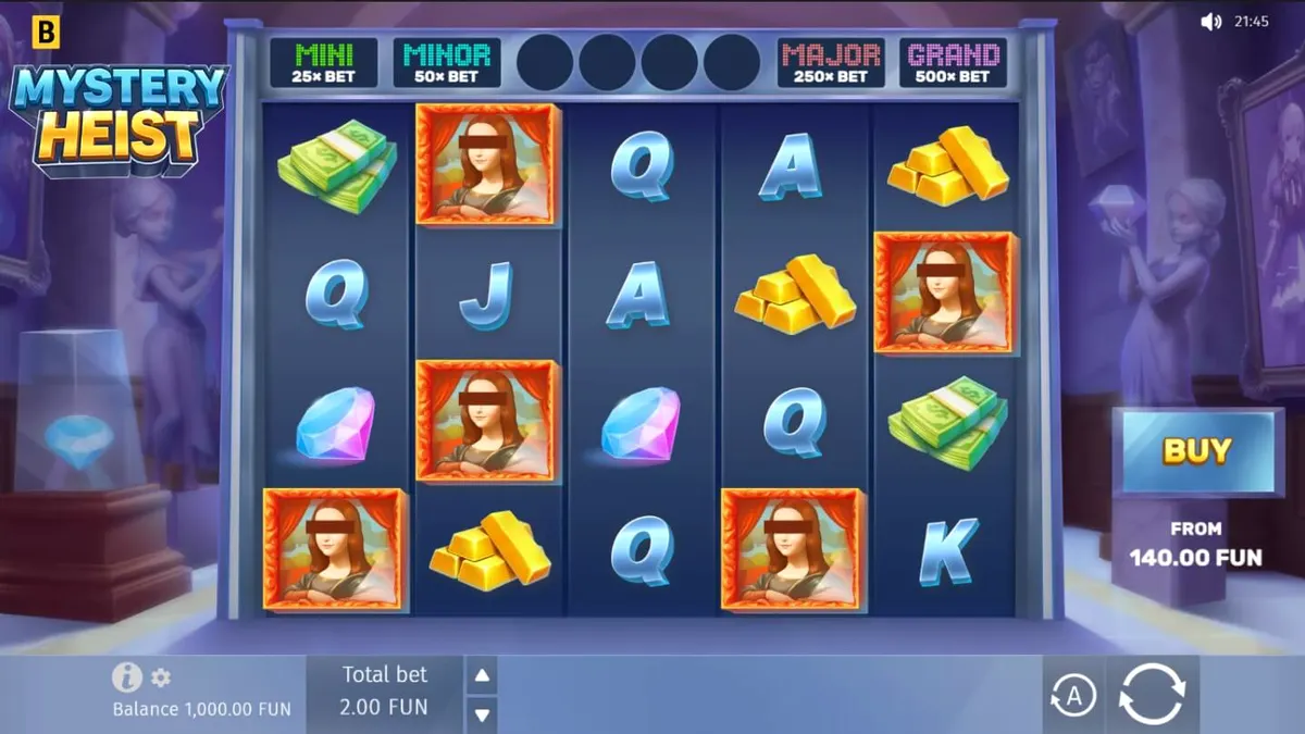 Interface do jogo de slot Mystery Heist com tema de assalto a cofre
