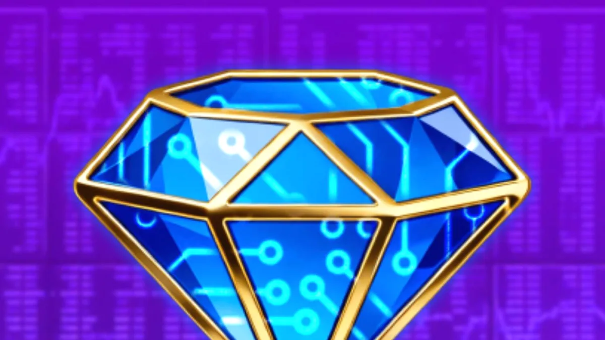 Interface do jogo de slot Crypto Crown 20 com símbolos de criptomoedas e frutas neon.