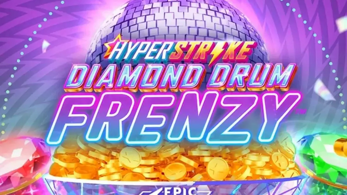 Interface vibrante e neon do slot Hyper Strike Diamond Drum Frenzy com tambores dourados